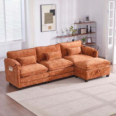 Canapé modulaire surdimensionné de 112 po pour le salon, canapé-lit modulaire en L en chenille de 112 po, canapé-lit modulaire confortable avec repose-pieds à rangement mobile, support pour téléphone, port de charge USB