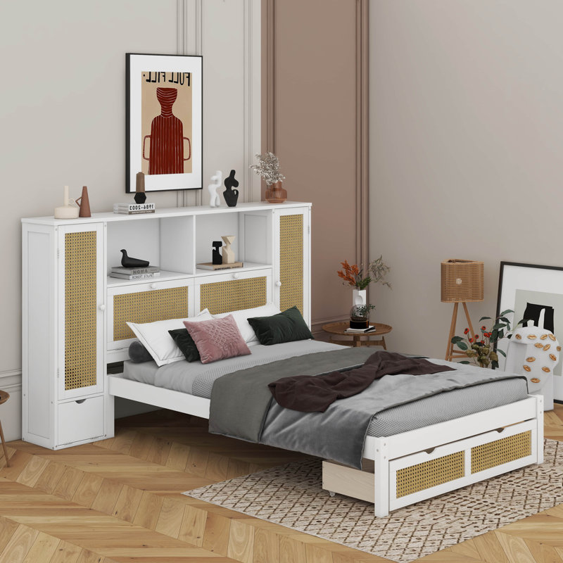 Lit simple en bois avec deux casiers de rangement, un tiroir et une tablette de rangement sur la tête de lit, Blanc