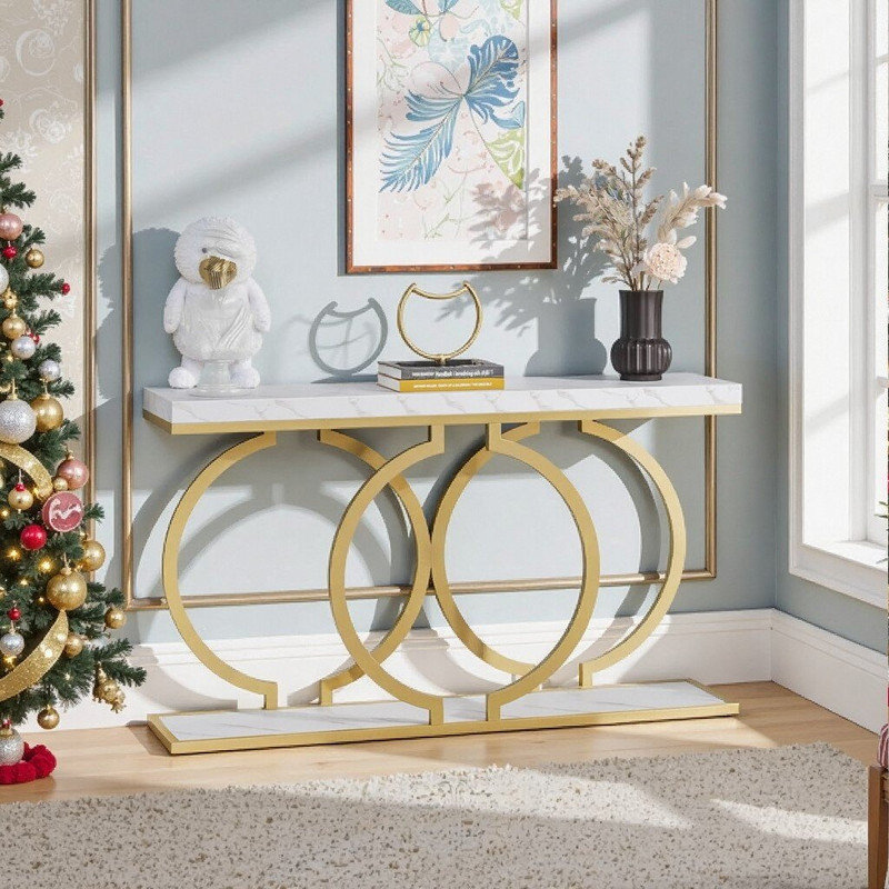 Console moderne en faux marbre 55,1 pouces avec base géométrique en métal