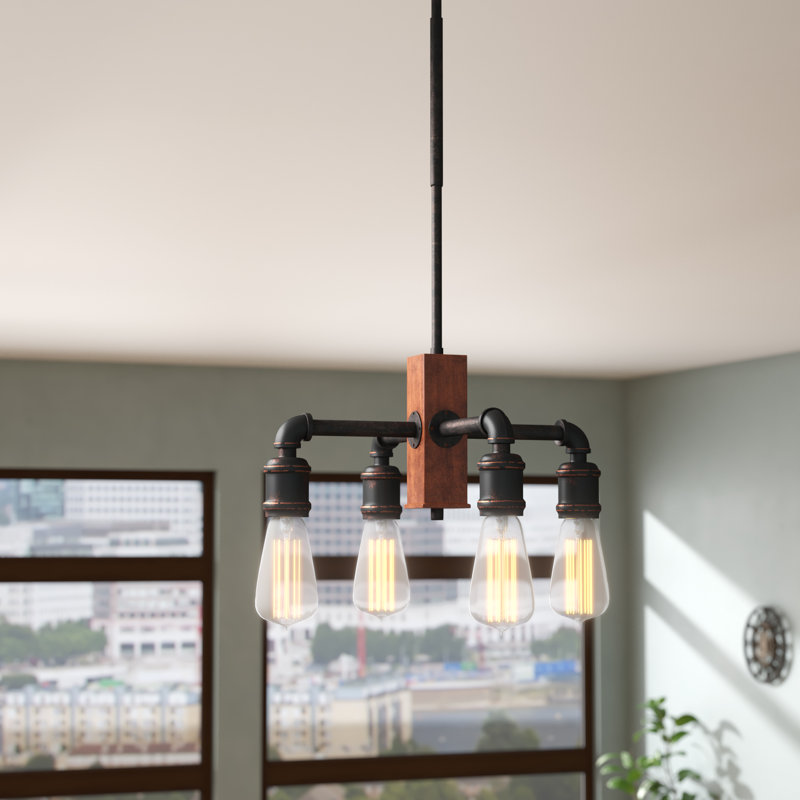 Portland 4 Light Downlight Chandelier Shown In Painted Wood-look Metal & Dark Granite Finish With Amber Antique Bulbs