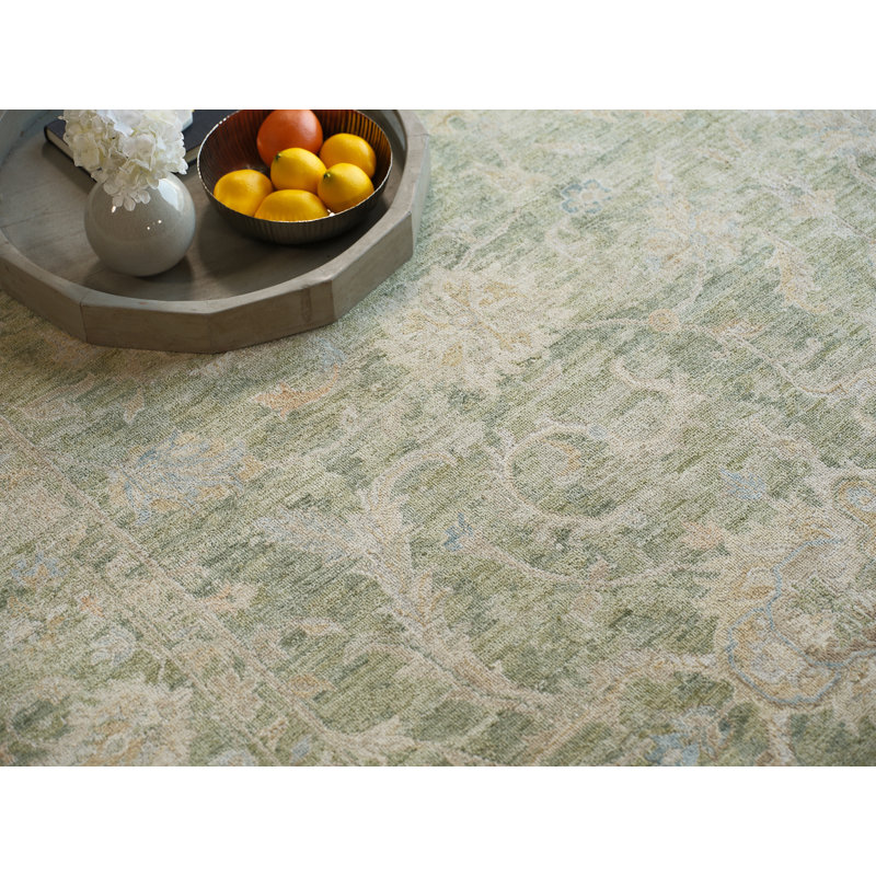 Santorini hand-knotted Wool/Silk Green Area Rug, Light Silver, Rectangle 8' x 10'