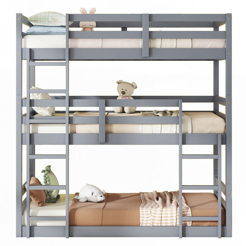 Lit superposé triple en bois d'hévéa, gris