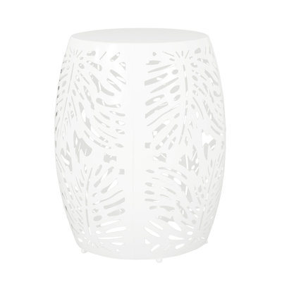 Stylish Metal Table - White With Charming Tropical Leaf Pattern, 16.19In Width X 20.5In Height, Ready To Use Modern Iron Side Pattern White, 16.19W 16.19D 20.5H, No Assembly Required