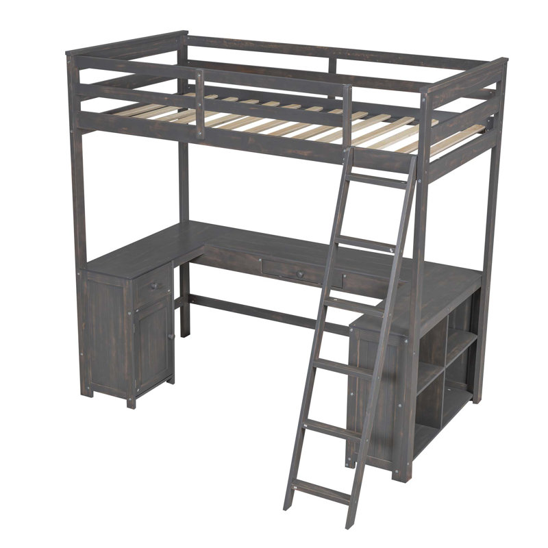 Full Size Loft Bed with U-shaped Desk, Drawers and Storage Shelves,, Brown, Twin