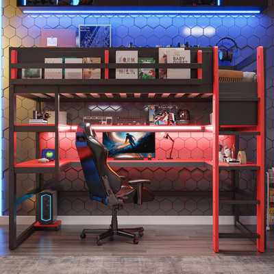 Lit mezzanine simple en bois avec bureau, support de rangement latéral, tablettes multiples et lumière RVB