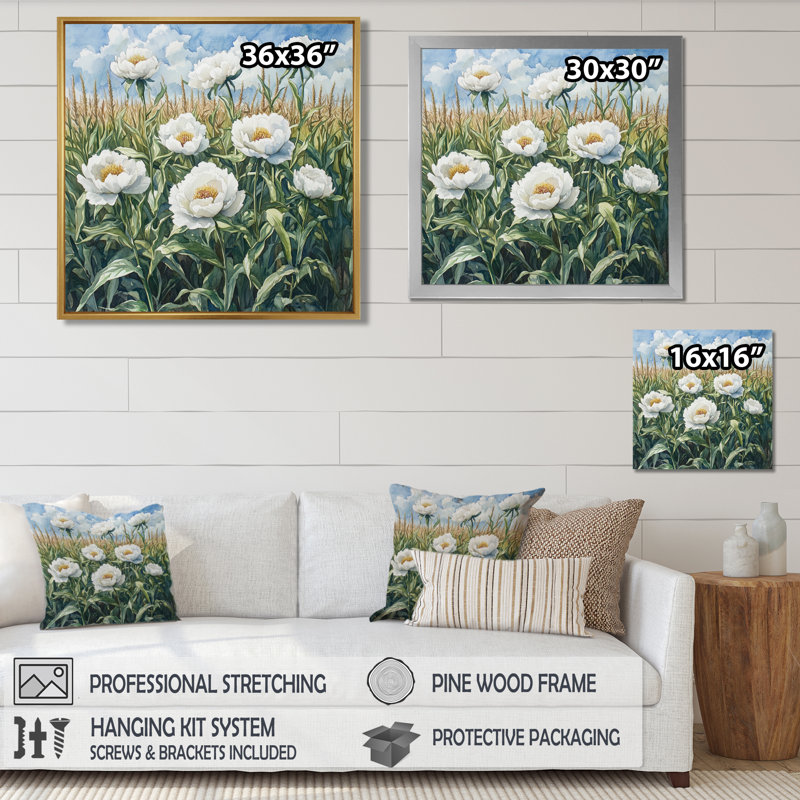 Été pivoines dans le champ de maïs II - pivoines, art mural sur toile, Reproduction encadrée d'une seule photo, Argent argent