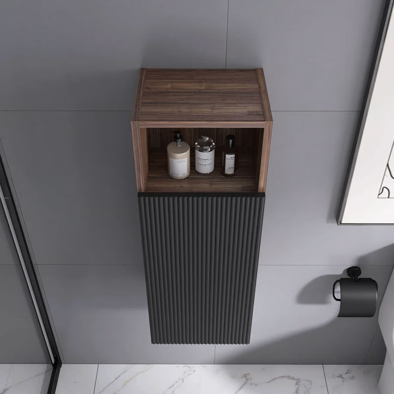 32 In. Black & Walnut Wall-Mounted Bathroom Floating Side Cabinet
