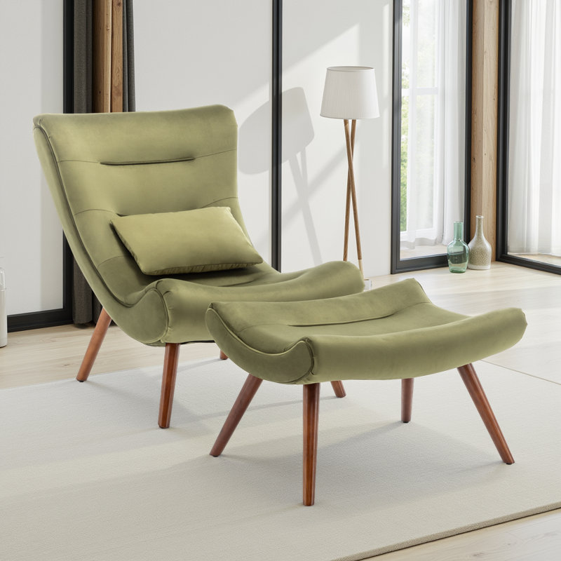 Bertita Upholstered Accent Chair with Footstool, Sage Green