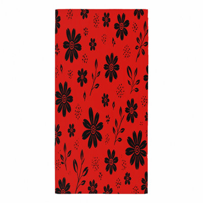 1 pièce de serviette de plage à motif floral rouge, avec un motif noir avec des feuilles et des petits pois sur un fond vibrant. Grande microfibre, idéale pour la natation, les voyages, le camping, unisexe.