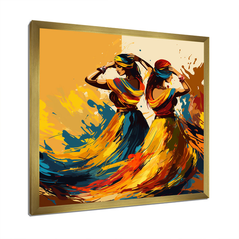 Art indien, punjabi bhangra - Art mural indien, Cadre doré simple, H 36 po x l 36 po x P 1,5 po