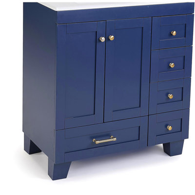 30" Blue Bathroom Vanity with Ceramic Sink - Soft-Close Drawers, Solid Wood Frame, Multi-Organizer Storage
