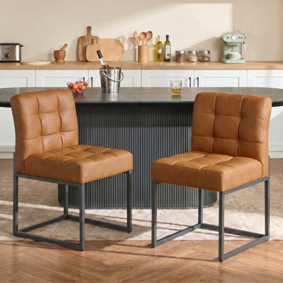 Chaises de salle à manger en similicuir brun, chaises de salle à manger de style moderne Mid-Century avec accoudoirs, chaise de cuisine à carreaux