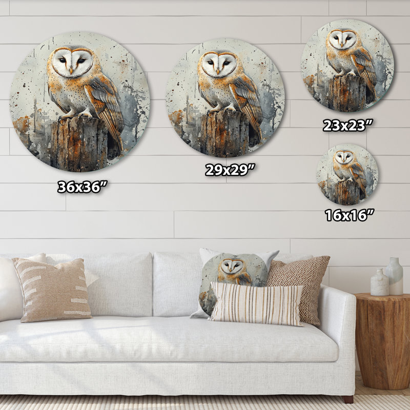 Barn Owl At Twilight II - Owl Round, impression murale en métal doré moderne, H 36 po x l 36 po
