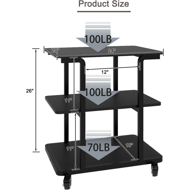 24''x20''x26'' Large Printer Table with Storage Shelf, 3 Tier Rolling Printer Cart with Wheels,Multifunctional Shelves for Home Office