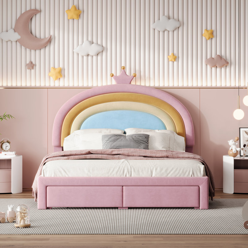 Upholstered Rainbow Design Bed, Velvet Princess Platform Bed With Storage Drawer, No Box-Spring Needed,Colorful Pink, Full