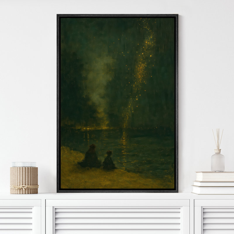 «Nighttime Fireworks by the Water with Two Chiffres», reproduction d'art sur toile encadrée, H 36 po x l 24 po x P 1,5 po