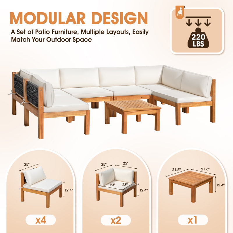 Ensemble de conversation modulaire en bois d'acacia avec coussins Fiera, 6, Non