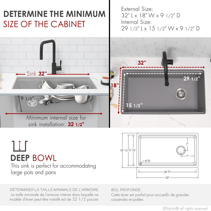 Pietra STYLISH Canmore Dual Mount 32" Workstation Single-Bowl Composite Granite Kitchen Sink, Gray