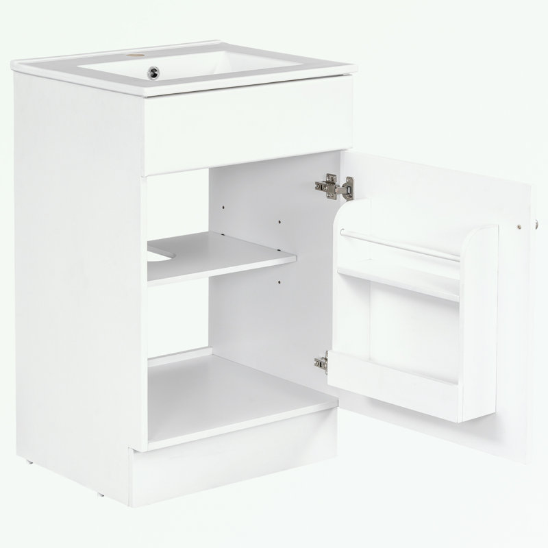 Meuble-lavabo de salle de bain avec lavabo, tablette de porte et tablette réglable, Blanc, Argent