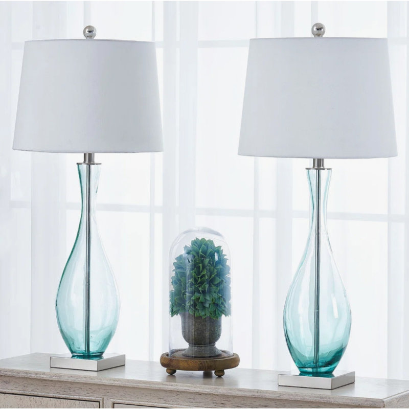 Ensemble de 2 lampes de table modernes en verre soufflé bleu de 77,5 cm (30,5 po), à intensité variable (3 niveaux) et port de chargement USB intégré. Lampes de chevet pour chambre, salon, chambre d'amis ou bureau.
