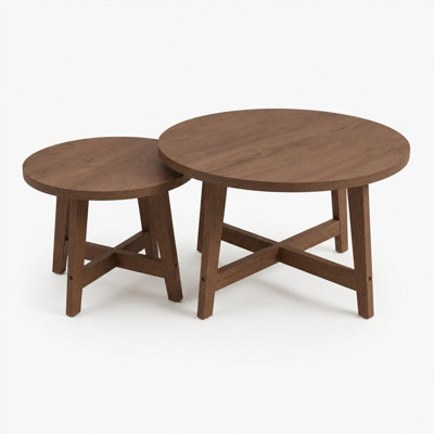 Set of 2 Round Nesting Coffee Tables, X‑Shaped Frame Stackable End Tables, Walnut tone Finish Modern Side Tables for Living Room Bedroom Balcony, Spac