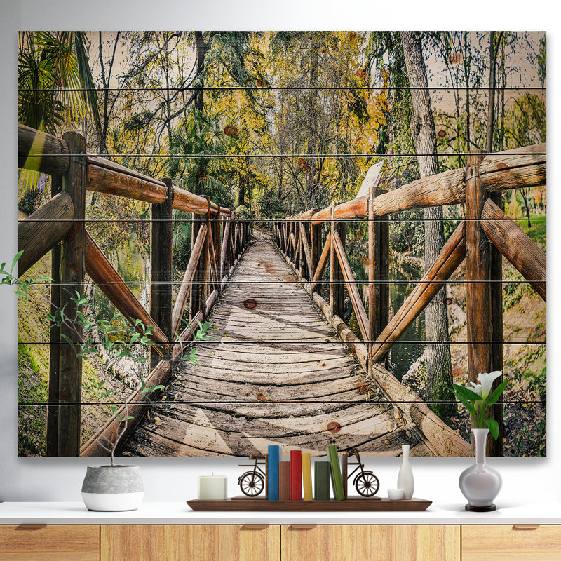 Pont en bois dans la forêt - reproduction de photo, H 20 po x l 20 po x P 1 po, Bois