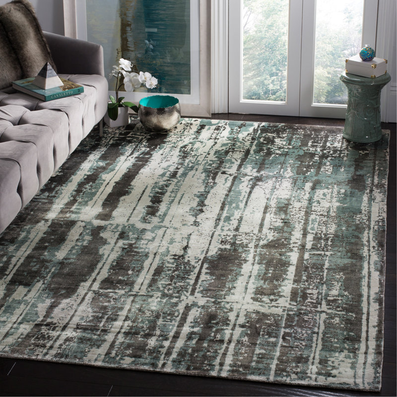 Tapis argenté tissé à plat à la main à motif abstrait Zowie, Rectangle 9 pi x 12 pi