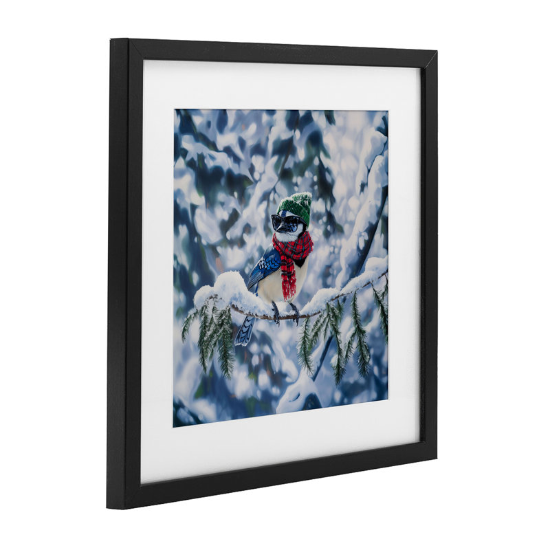 «Christmas Blue Jay» perché, reproduction d'art sous verre, conception de Jim Baldwin, H 13 po x l 13 po, Cadre noir minuit