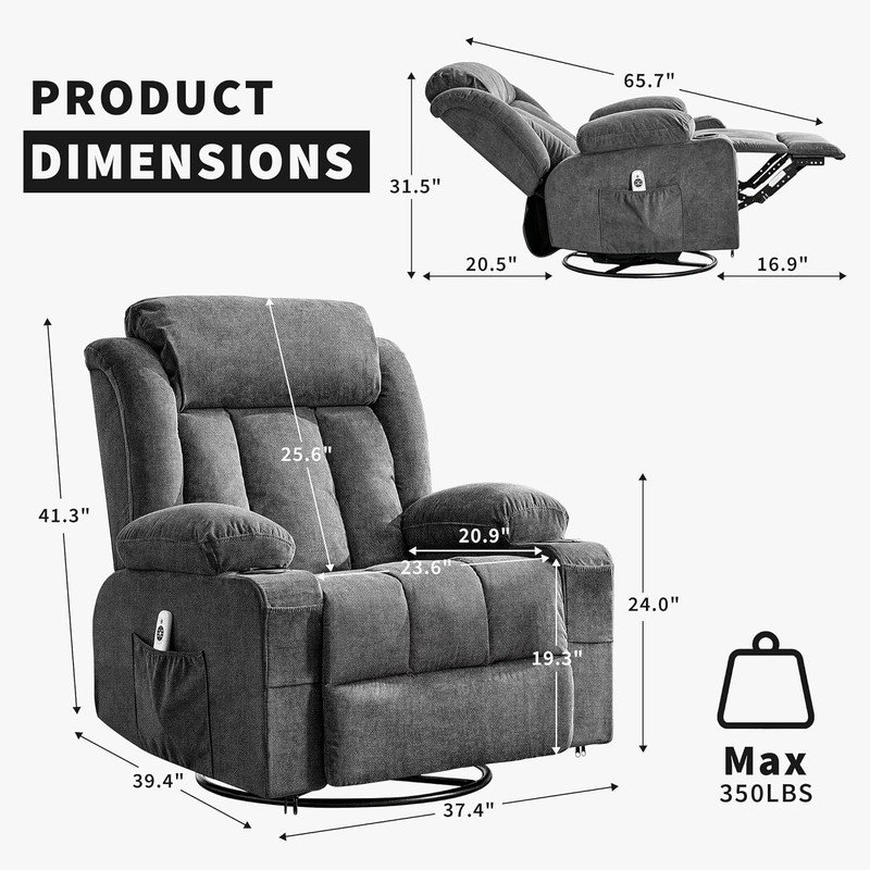 360° Swivel Rocker Recliner with Heat & Massage, USB Ports & Cup Holders, Oversized Single Sofa, Gray