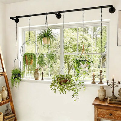 70.8" Modern Black Metal Plant Hanging Rod - Industrial Wall Mounted Plant Holder For Indoor Garden, Sleek Minimalist Window Hanger (Pot/Chain/Plant Not Included)