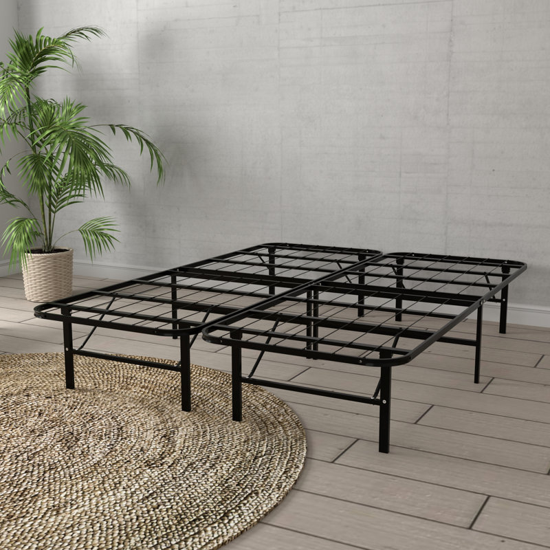 Base de plateforme pleine grandeur en acier noir - Acier haute résistance, installation en 5 minutes, rangement sous le lit, cadre pliable sans sommier requis, assemblage d'outils, élévation de 14 pouces, tous les types de matelas