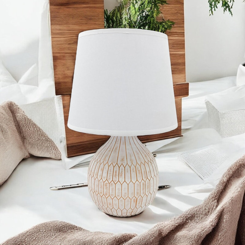 Cream Ceramic Table Lamp – Textured Base with Fabric Shade, Warm Ambient Light Perfect for Bedroom or Living Room