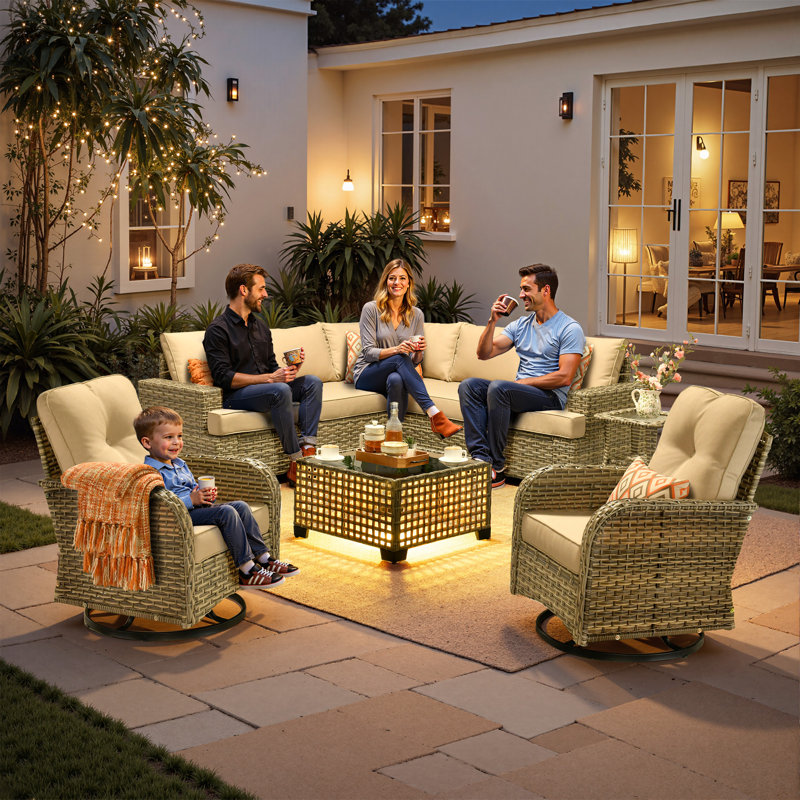 Tommy Outdoor Wicker 7 Person Seating Group With Cushions, No, Beige