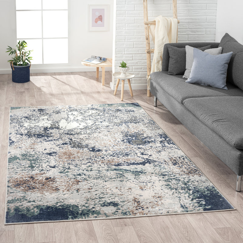 Ezra Abstract Performance Blue/Grey/Brown Area Rug, Rectangle 5' x 7'