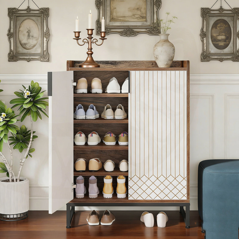 29.52” Shoe Cabinet With Doors, Brown/White