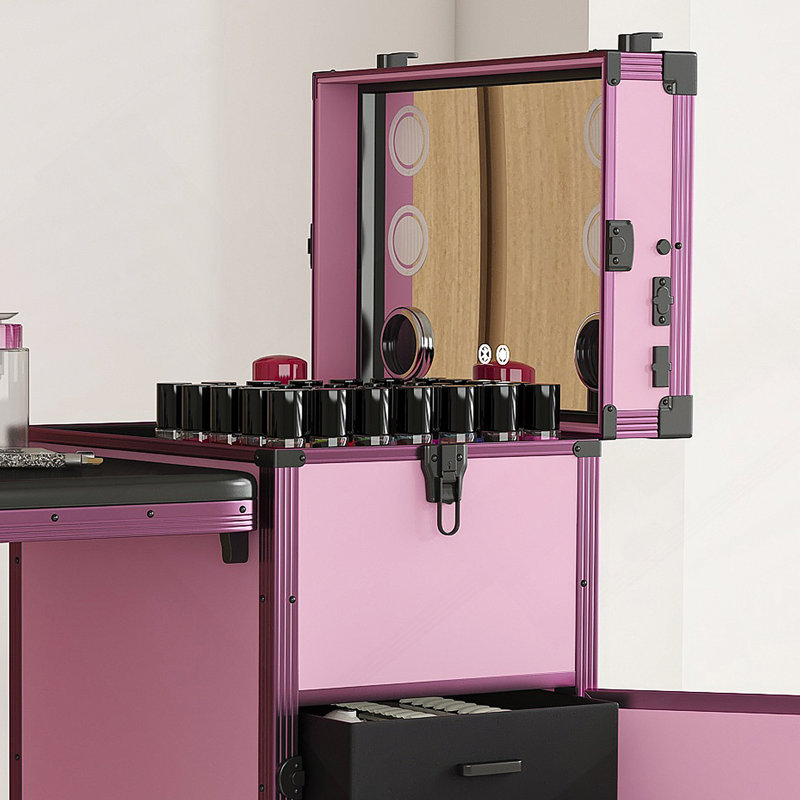 Portable Nail Art Table W/ LED Mirror, Bluetooth, Lockable Drawers, Telescopic Pole - Folding Manicure Station For Salons