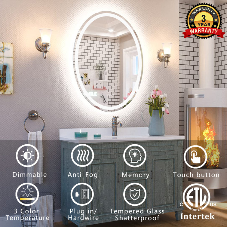 Orren Ellis Aevar Super Bright 192 Leds/m Lighted Anti-fog Oval  Bathroom/vanity Mirror With Tempered Glass  ETL Wayfair