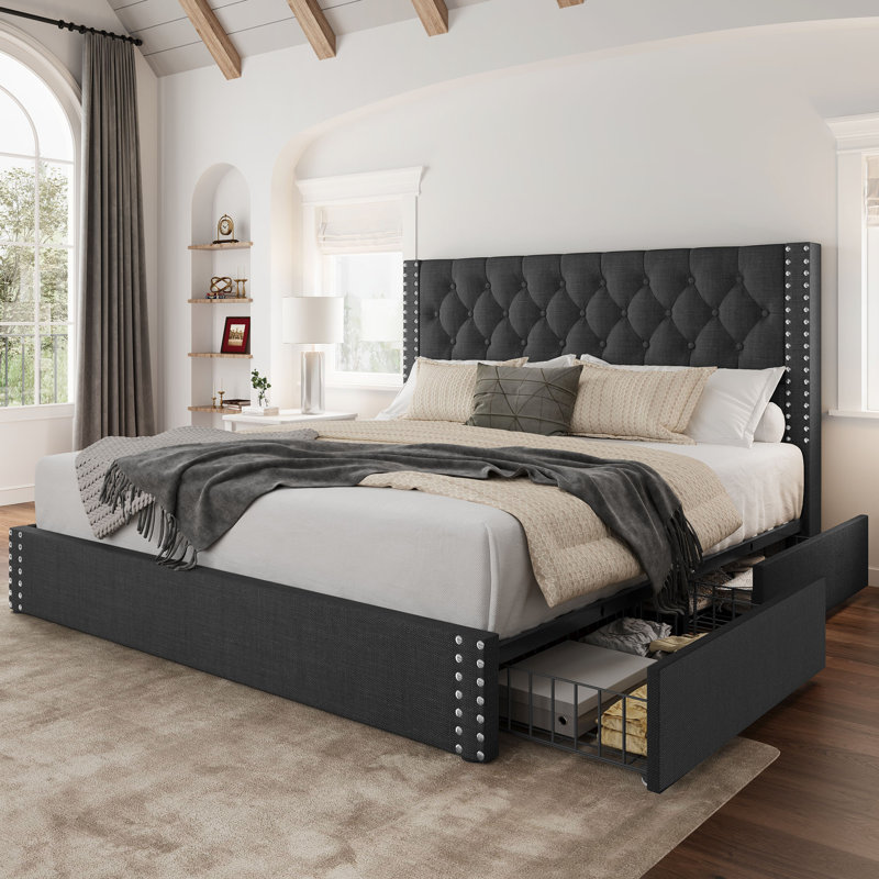 Lit plateforme tapissier avec rangement et très grand lit avec tête de lit Kevyon, Gris, Très grand lit