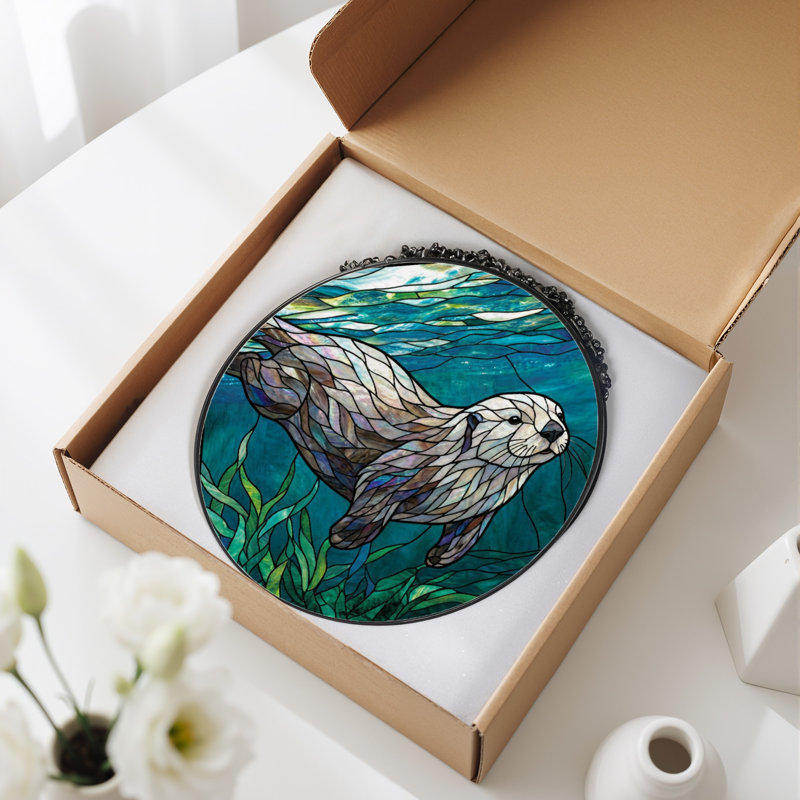 Panneau de vitrail en verre coloré 7,8 po H Otter, H 7,8 po x l 7,8 po