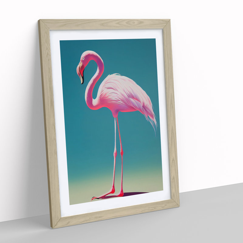 Solo Flamingo - Single Picture Frame Print, Oak, 64cm H x 46cm W x 2cm D