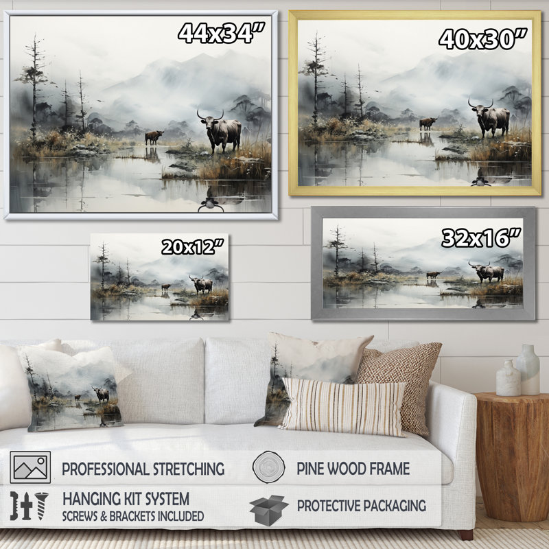 «Asian Art Cow Sumi» - reproduction d'art, H 34 po x l 44 po x P 1,5 po, Encadrement doré