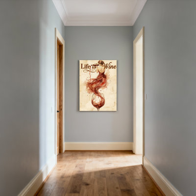 «Life Is Wine Woman In Red Dress Versing Into Glass Toile», reproduction d'art sur toile tendue sur toile (ensemble de 1)