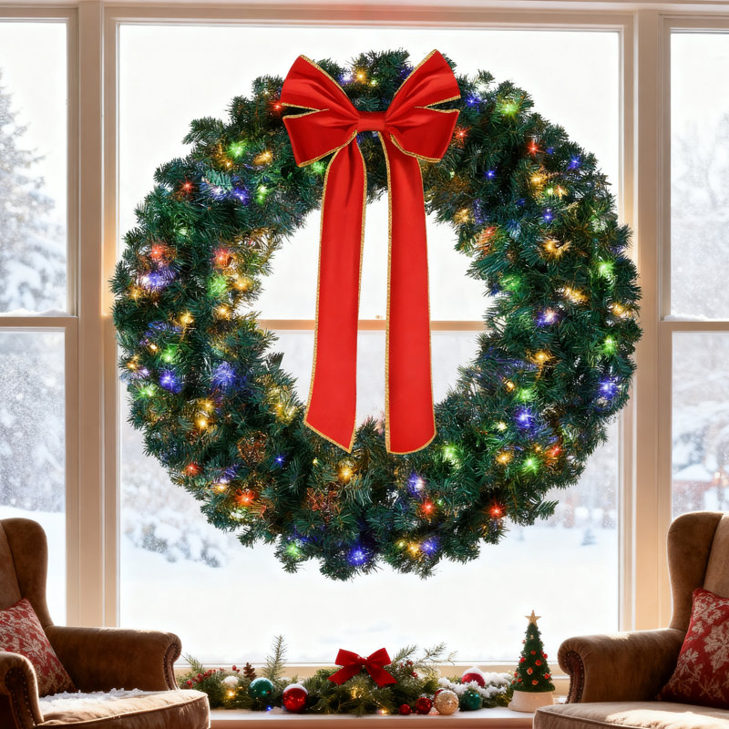 Couronne de Noël verte de 122 cm avec nœud et télécommande pour lumières à couleurs changeantes