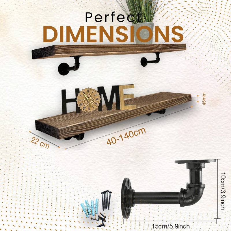 Unique Wood Bracket Shelf, 4.5cm H x 80cm W x 22cm D, Walnut