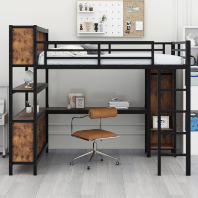 Lit mezzanine fonctionnel en métal avec garde-robe intégré, bureau en L et grandes tablettes de rangement