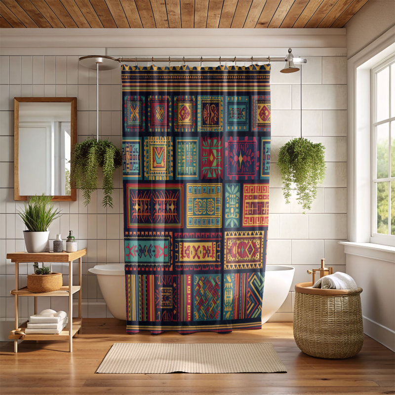 Ethnic Textiles - Rideau de douche Premium, H 74 po x l 71 po