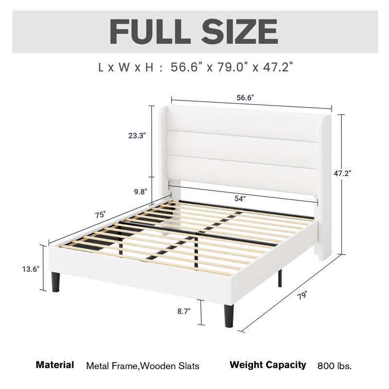 Modern Velvet Upholstered Platform Bed With Wooden Slats Wingback Headboard Included, Full, White