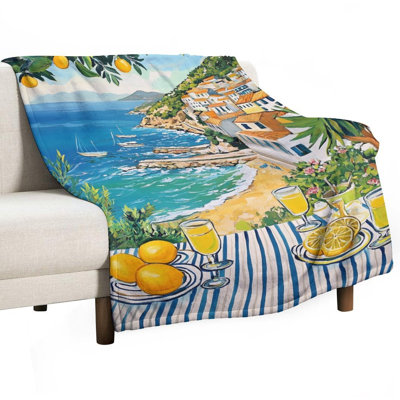 Coastal Lemon Drinks View Luxury Flannel Throw Blanket, Soft Warm Fuzzy Blanket for Living Room Sofa Bed Home Decor