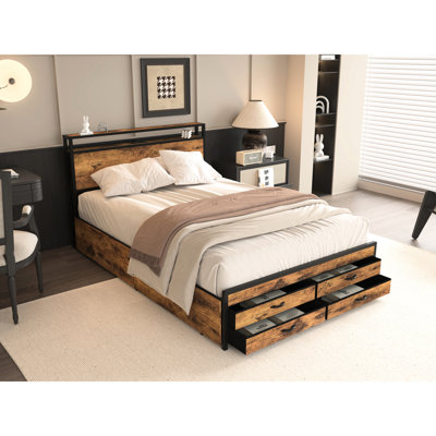 Lit double avec rangement à 8 tiroirs, tête de lit et charge à DEL, plateforme en métal, sommier sans bruit, stable, solide, brun, tiroir de rangement mural pour foyer