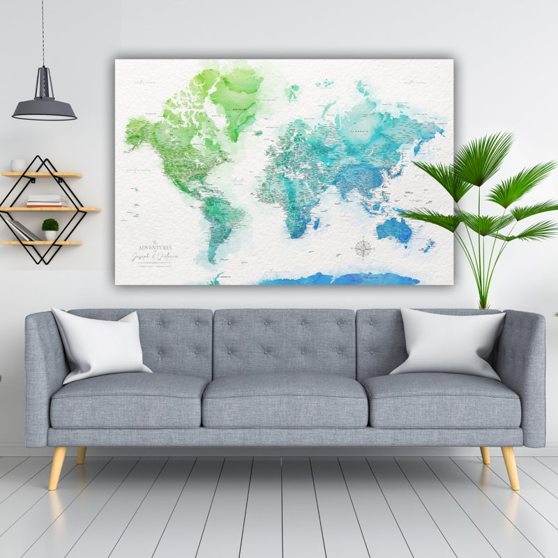 Personalized Watercolor Push Pin World Map - Single Panel, 40" H x 60" W, Yes